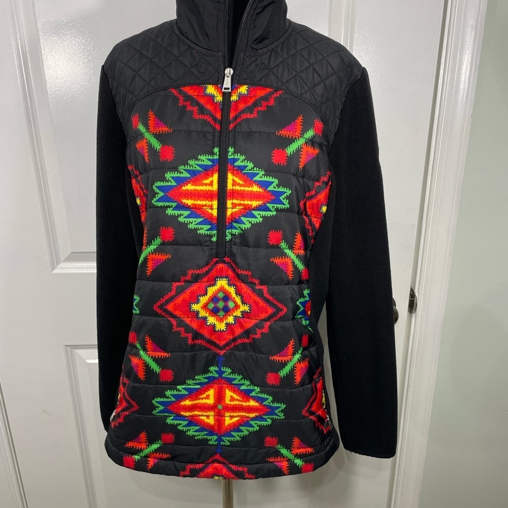 LRL Quarter Zip Western Tribal Print Black Quilted Jacket Colorful Fleece CB-L
